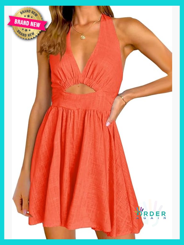 Sleeveless Halter V Neck Backless Cut Out Swing Flared Mini Dress Party Club